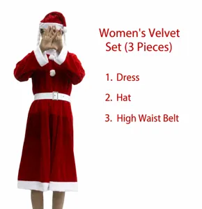 Dettagli del costume di Natale in velluto rosso da donna con vestito, cappello e cintura.