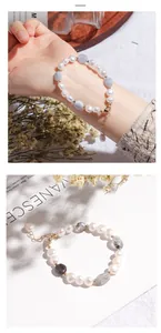 Close-up detail of irregular freshwater pearl bracelet with natural gemstone beads on wrist