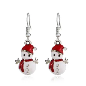 Christmas snowman drop earrings with red enamel hat, scarf and sparkly rhinestones jewelry.