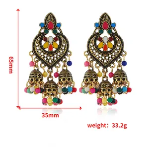 Vintage bohemian ethnic style colorful drop oil bead tassel jhumka earrings details.