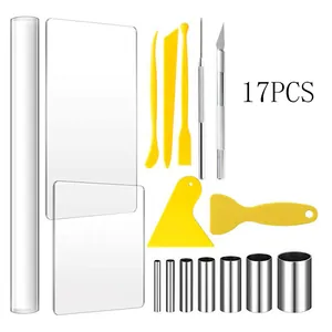 17pcs polymer clay tool set with acrylic rolling pin, backing sheets and sculpting tools.