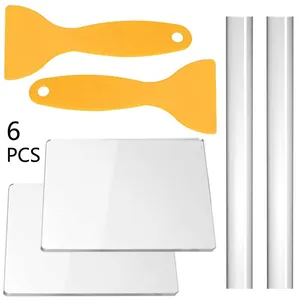 Acrylic clay rolling pins boards and plastic scrapers set for pottery DIY art crafting.
