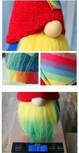Plush gnome doll with red hat and rainbow beard, perfect festive holiday decoration and cute gift.