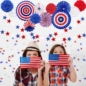 Fourth of July party decorations paper fan flowers red white and blue star garland set