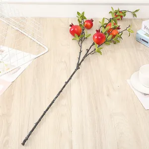 Artificial pomegranate fruit branch fake berry green leaf home decor floral arrangement 6pcs