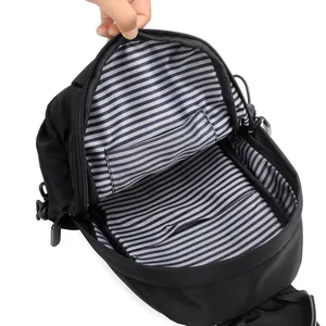 Men black sling chest bag casual travel crossbody bag with striped lining and zipper pocket