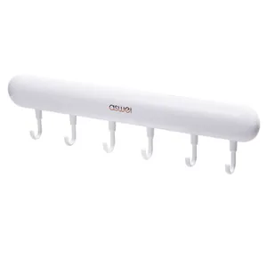 Barra de ganchos de pared blanca con seis ganchos, colgador de toallas adhesivo sin taladro.
