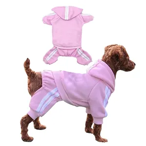 Tuta con cappuccio per cani rosa con strisce bianche, comoda tuta sportiva casual per animali.