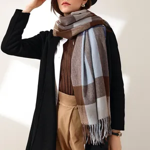 Femme hiver chaud écharpe en imitation cachemire à carreaux franges mode douce châle cou