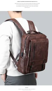 Men vintage PU leather backpack casual business school bookbag with USB charging port