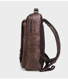 Side view detail of men casual business PU leather backpack, showing multi zippers and breathable mesh.