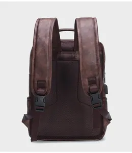 Men casual business brown PU leather backpack, breathable mesh back panel for daily commute.