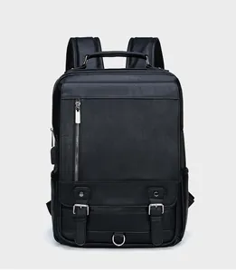 Men black PU leather casual business laptop backpack stylish minimalist daily travel bag