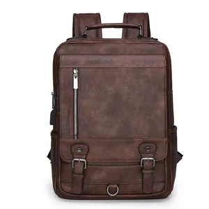 Men vintage brown PU leather backpack casual business laptop school daypack commuter bag