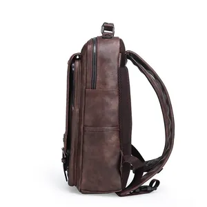 Men's retro brown PU leather casual business laptop backpack for daily commute and travel use.