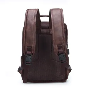 Men business casual PU leather backpack back view, stylish commuter laptop school bag.