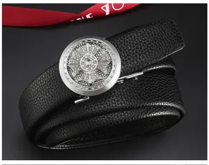 Men's black PU leather automatic buckle belt with rhinestone round cross star buckle fashion