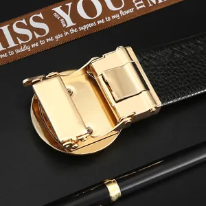 Men's stylish automatic buckle leather belt with gold metal hardware, perfect for business wear.
