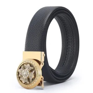 Men's PU Leather Automatic Buckle Belt Business Casual Ratchet Belt Rhinestone Cross Buckle Belt Fashion Accessory