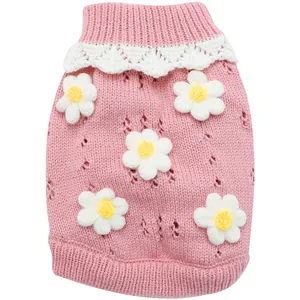 Pink pet cat sweater with white daisy flowers and lace collar for cute autumn daily wear.