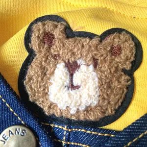 Cute fleece dog hoodie winter pet clothes denim strap bear patch apparel warm puppy outfit