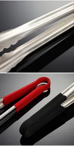 Detailed view of SUS 304 stainless steel food tongs featuring anti-scald rubberized handles