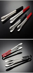 Stainless steel food tongs with non-slip red and black rubber handles in two sizes