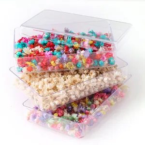 Detail shot of colorful natural dried star flower heads packed in transparent boxes.