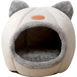 Cama cerrada acogedora para gatos, casa de felpa cálida de invierno para cachorros gris