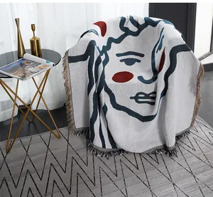 Nordic abstract face woven sofa throw blanket with tassels cozy home decor cover