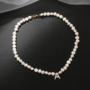 Natural Freshwater Pearl Alphabet Initial Pendant Necklace For Women Copper Gold Plated Shell Letter Alphabet Chain Choker Handmade Pearl Statement Jewelry Gift