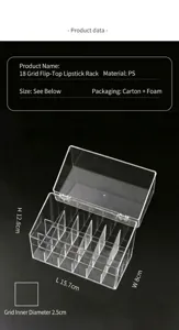 Clear acrylic 18-grid lipstick storage box detail, showing flip cover and inner dimensions.