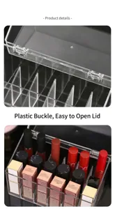 Close-up of plastic hinge and transparent lid on acrylic lipstick organizer
