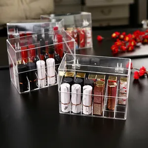 Transparent acrylic lipstick organizer with lid, dustproof desktop storage box.