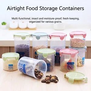 Set of transparent plastic airtight kitchen storage jars for grains and snacks