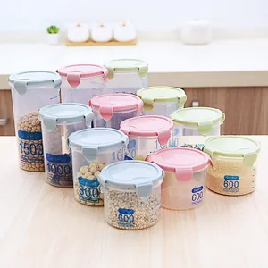 Transparent plastic food storage containers with colorful airtight lids for kitchen