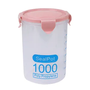 Transparent 1000ml plastic airtight storage jar with pink locking lid and scale
