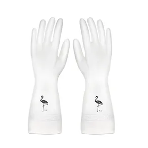 White durable household rubber cleaning gloves with stylish flamingo print, size M