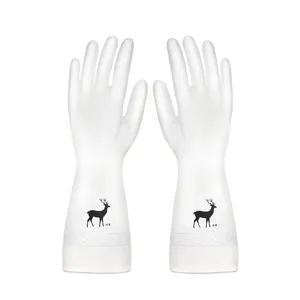 Durable white waterproof latex household cleaning gloves with deer print graphic, size M