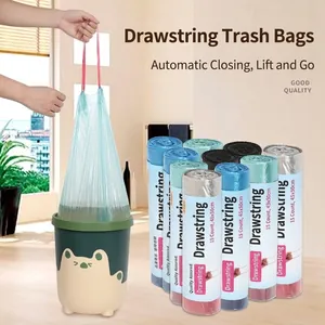 Durable thickened drawstring garbage bags with automatic closure for home and office use