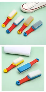 Detailed view of multi-colored soft bristle shoe brushes for gentle laundry cleaning.