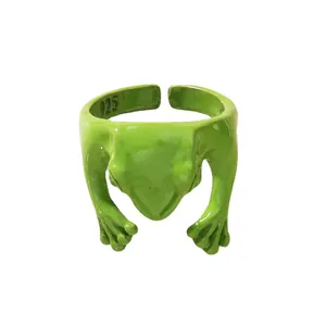 Groene emaille kikker open ring 925 sterling zilver schattig dier verstelbare sieraden