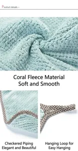 Detail view of mint green coral fleece hand towel with hanging loop and checkered edge.