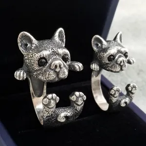Süßer französischer Bulldogge offener Ring Damen Silber Tier Schmuck Geschenk Top Qualität!