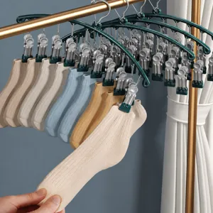 Stainless Steel Sock Drying Rack Multi-Clip Clothes Hanger Dip-Coated Windproof Home Clothes Organizer