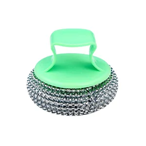 Kitchen cleaning ball with ergonomic green handle and durable steel wool scrubber