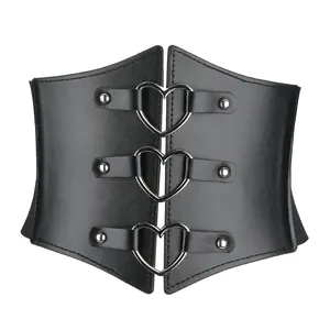 Wide black waist belt for women, gothic corset belt with metal heart rings and elastic back.