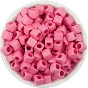 Acrylic square spacer beads in pink solid color, large hole design for DIY jewelry making.