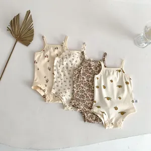 Infant floral sleeveless romper detail, summer cotton baby bodysuit with cute fruit print.