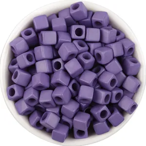 Detailed view of solid purple acrylic square cube large hole spacer beads for DIY craft making